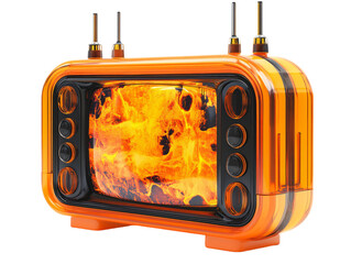 A vibrant orange retro television displaying fiery visuals, featuring distinct knobs and antennas...