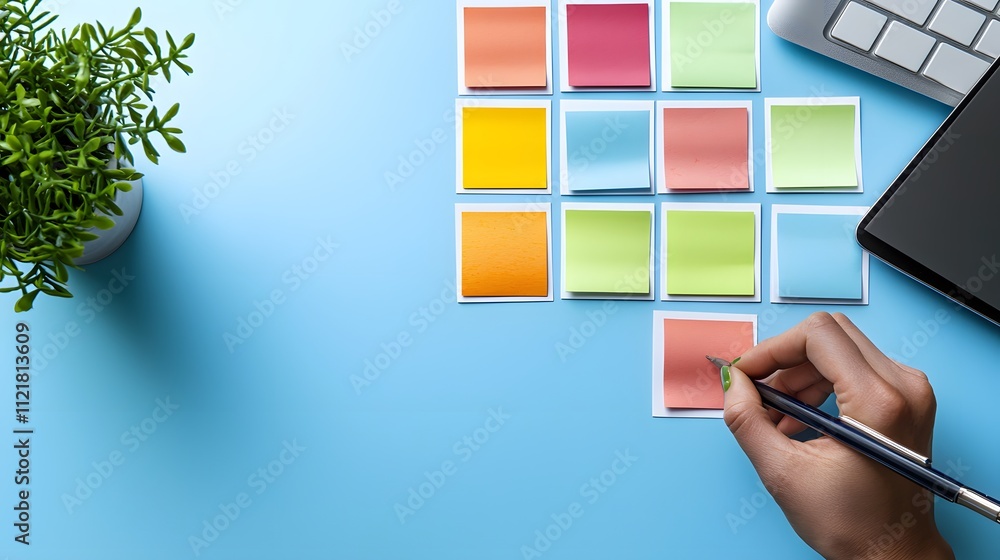 Aufkleber A top-down view of color-coded sticky notes on a clean desk, representing a classification system.