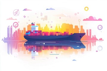 Naklejka premium Cargo Ship Silhouette Against Colorful City Scene