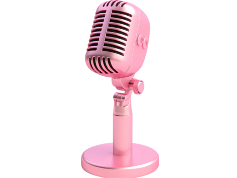 A vintage-style pink microphone with a polished finish, designed for vocal performances and music recording on transparent background.