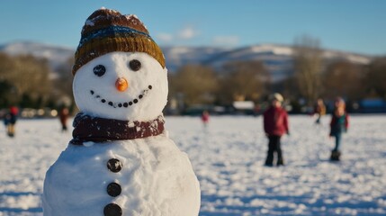 Fototapeta premium Sunlit winter landscape with partially built snowman and mountains
