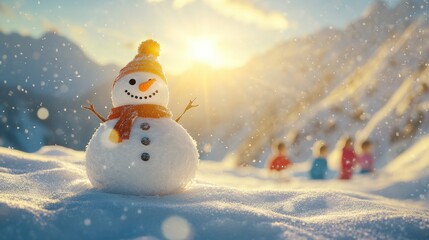 Obraz premium Kids playing in sunny alpine snowfield with snowman