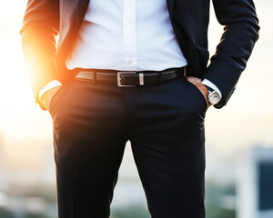 A man in a suit and tie is standing with his hands in his pockets