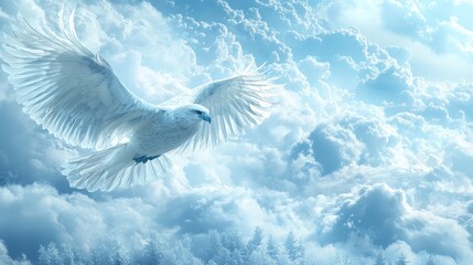 A white bird flying through a cloudy blue sky