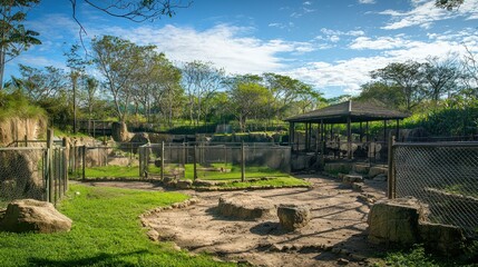 A large wildlife enclosure at a zoo, designed to replicate the natural habitat of the animals inside