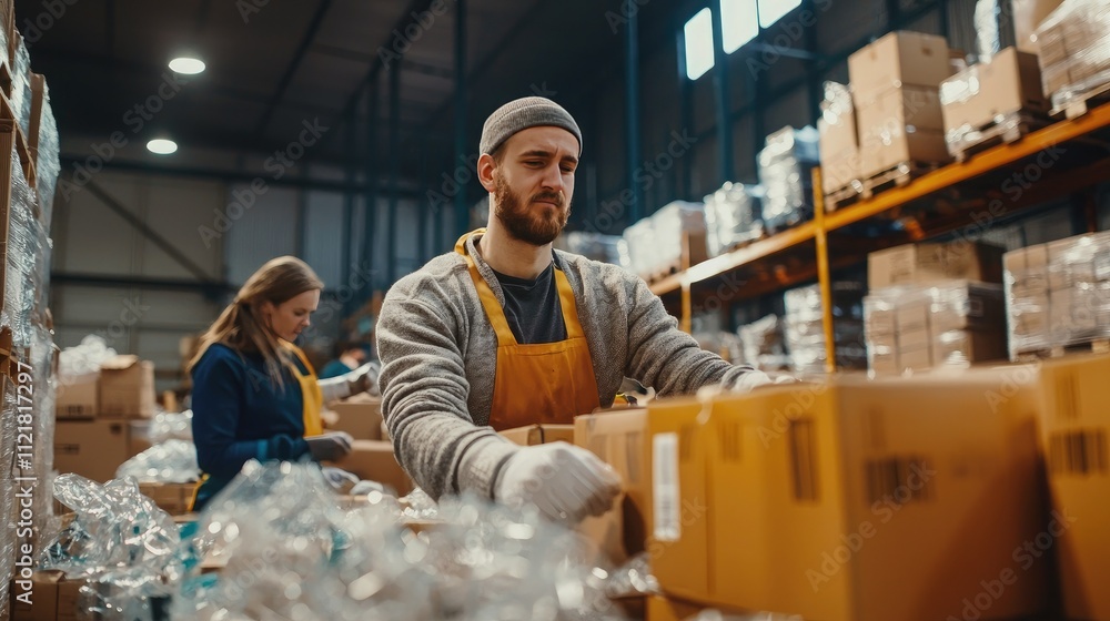 Poster volunteers sorting through donations in a warehouse.