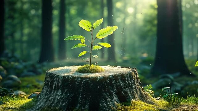 Sapling growth on tree stump in serene forest setting