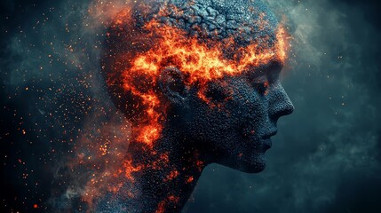 A man's head is covered in fire and sparks