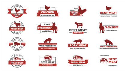 Eco, bio, organic and natural products sticker, label, badge and logo. Ecology icon. Logo template with red details for meat products.Vector illustration