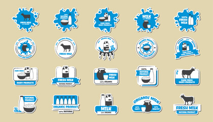 Eco, bio, organic and natural products sticker, label, badge and logo. Ecology icon. Logo template with blue details for dairy products. Vector illustration