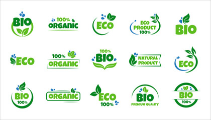 Fototapeta premium Eco, bio, organic and natural products sticker, label, badge and logo. Ecology icon. Logo template with green leaves for organic and eco friendly products. Vector illustration