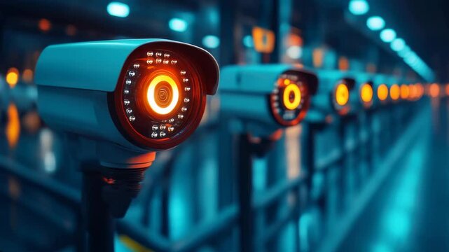 A row of security cameras are lit up in a dark room. Scene is tense and ominous, as the cameras are positioned to monitor every corner of the space