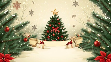 Obraz premium Beautifully Decorated Christmas Tree with Presents and Festive Ornaments in Snowy Woodland Scene