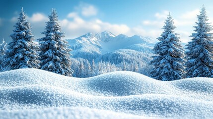 Fototapeta premium A snowy landscape with trees and mountains in the background