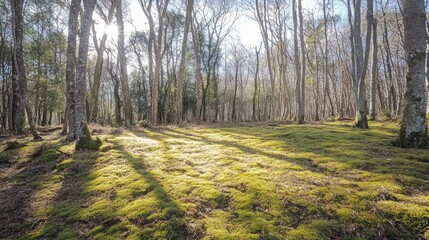 Obraz premium Sunlit moss carpet in a sparse, sun-dappled forest.