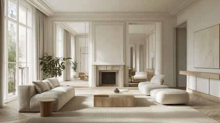 Fototapeta premium Spacious living room with natural light, a fireplace, and soft-colored decor 