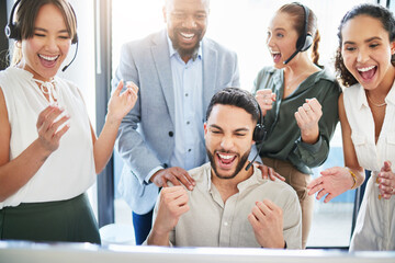 Happy man, business people or celebrate success in call center for reaching target, bonus or...