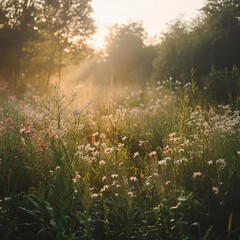 Fototapeta premium Fresh Morning Light Over Dewy Field and Wildflowers, Fresh Start and Sunrise Themes, New Year's day, New Year's Eve 