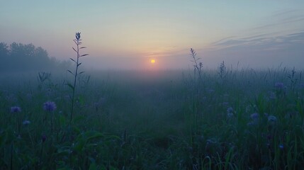 Fresh Morning Light Over Dewy Field and Wildflowers, Fresh Start and Sunrise Themes, New Year's day, New Year's Eve 
