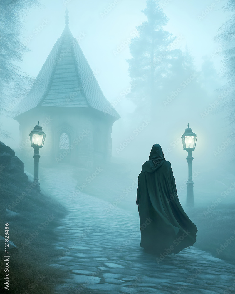 Poster mysterious figure walking along a foggy path at twilight