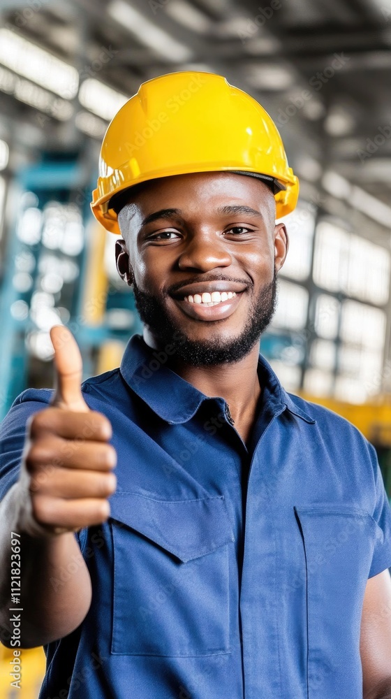 Aufkleber a cheerful black engineer in a helmet and uniform expresses positivity with a thumbs-up gesture whil