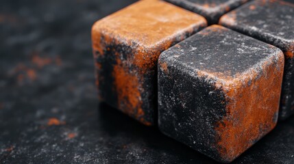 A close up of three rusty cubes on a black surface