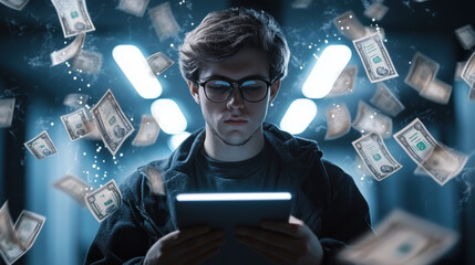 young man in glasses using tablet with floating money around him, conveying excitement and opportunity