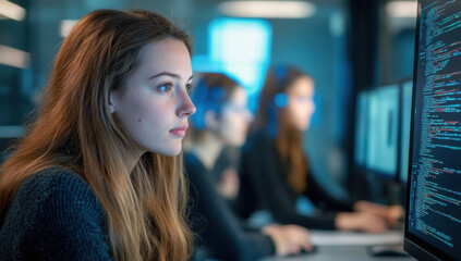 Obraz premium A female cybersecurity specialist discussing a security breach with her colleagues