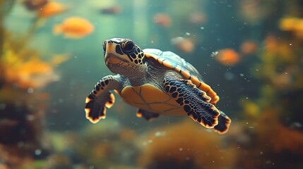 Obraz premium A turtle swimming in an aquarium with fish in the background