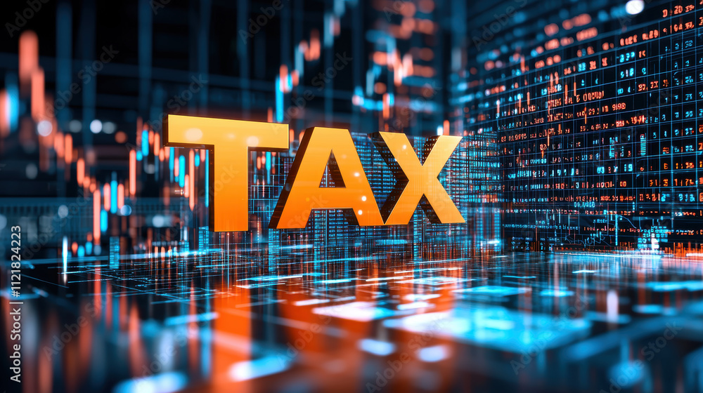Poster tax concept with digital data visualization and financial graphs