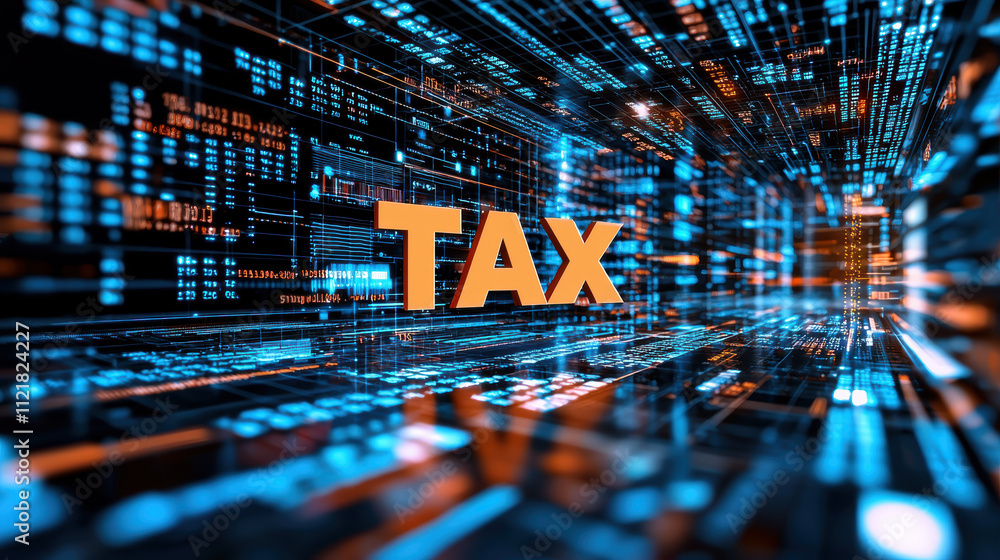 Poster digital tax concept with glowing data streams and orange text