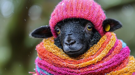 A black sheep wearing a pink hat and scarf