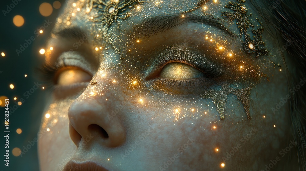 Poster close-up of a mystical face adorned with shimmering elements