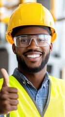 A Black engineer wearing a helmet and uniform smiles and gives a thumbs-up in a modern factory. The background features various industrial equipment, indicating an energetic production environment