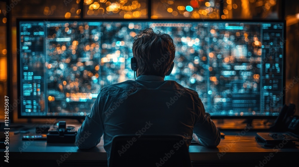 Poster person analyzing data on a large screen in a dark room