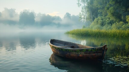 Obraz premium A peaceful sunset scene on a calm lake with reflections and a rowing boat.
