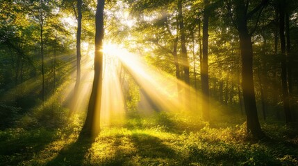 Obraz premium A Majestic Forest Scene Bathed in Golden Sunlight with Striking Rays of Light Streaming Through the Trees