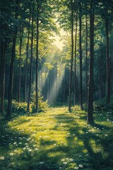 Fototapeta premium Sunbeams illuminate a path through a lush, green forest, dappled sunlight on wildflowers.
