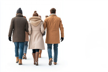 Back view of a group walking in winter clothing including coats, scarves and boots against a bright white background.