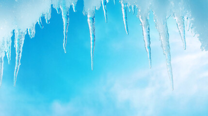 Glimmering icicles hang from a snowy roof under bright sky