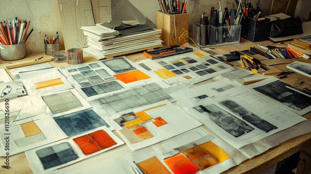Poster table filled with sketches, swatches, and professional design tools in a studio
