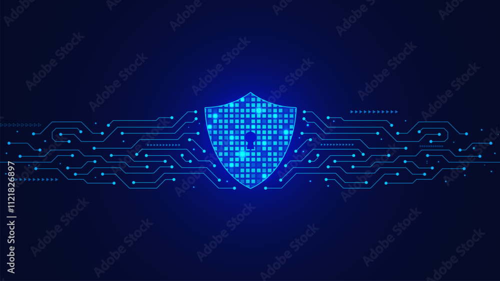 Poster security digital technology, cyber security and data protection concept with futuristic shield and e