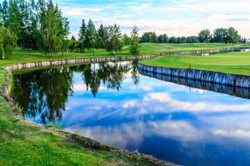 Obraz premium A body of water with a green grassy bank and trees in the background