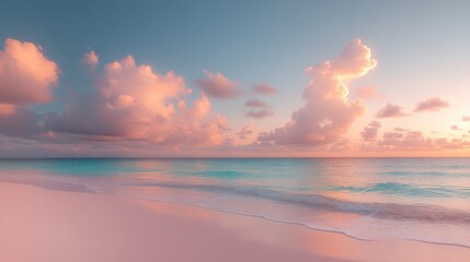 Fototapeta premium Pink sunset, ocean waves, sandy beach.