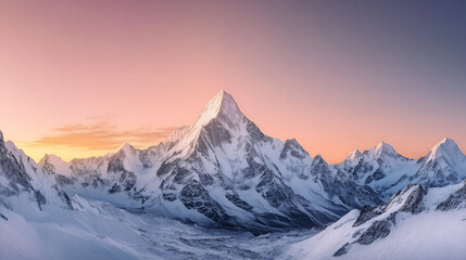 Sunset Panorama of Ama Dablam Summit with Snowy Peaks in the Himalayas, Nepal