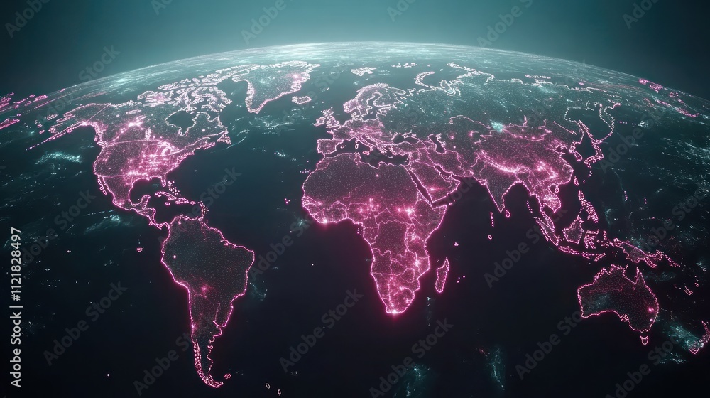Poster global map with neon pink network connections