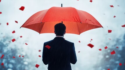 A Man with a Bright Red Umbrella Amidst Falling Red Confetti in a Rainy Urban Setting
