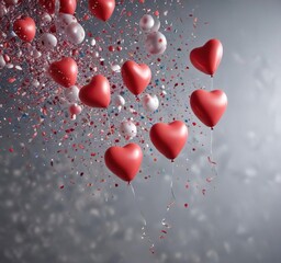 Heart-shaped balloons floating in the air with confetti, fun, confetti