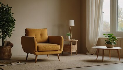 Fototapeta premium A living room with a blue couch and a lamp