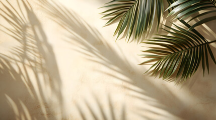 Fototapeta premium palm leaves on the right side, casting intricate shadows against an empty beige background. 